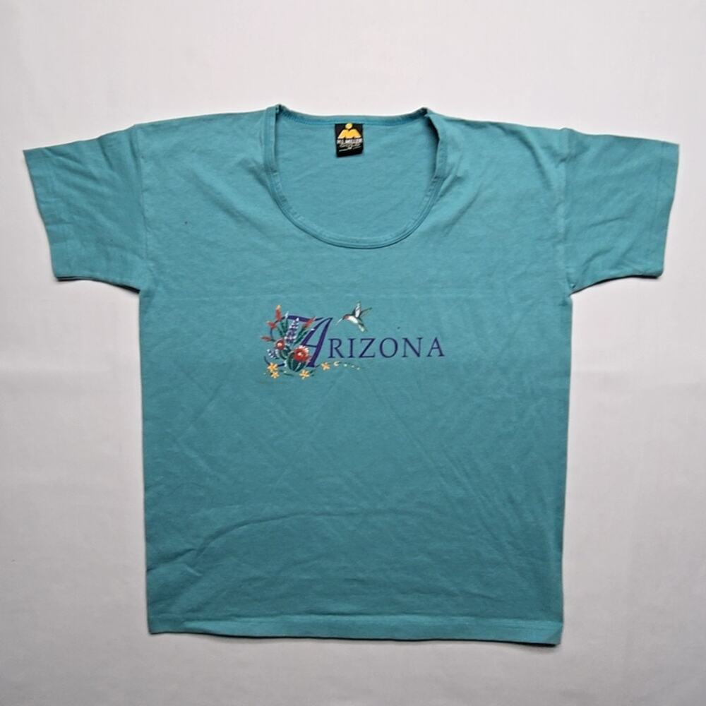 Vintage Arizona Shirt H.L. Miller Turquoise Floral Hummingbird Graphic M Tee 90s